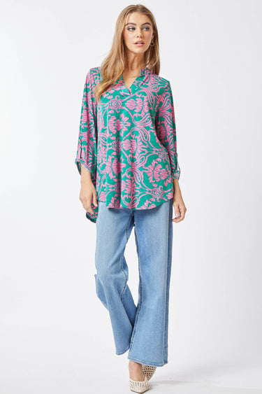 3/4 Sleeve Lizzy Wrinkle Free Blouse: Emerald Pink